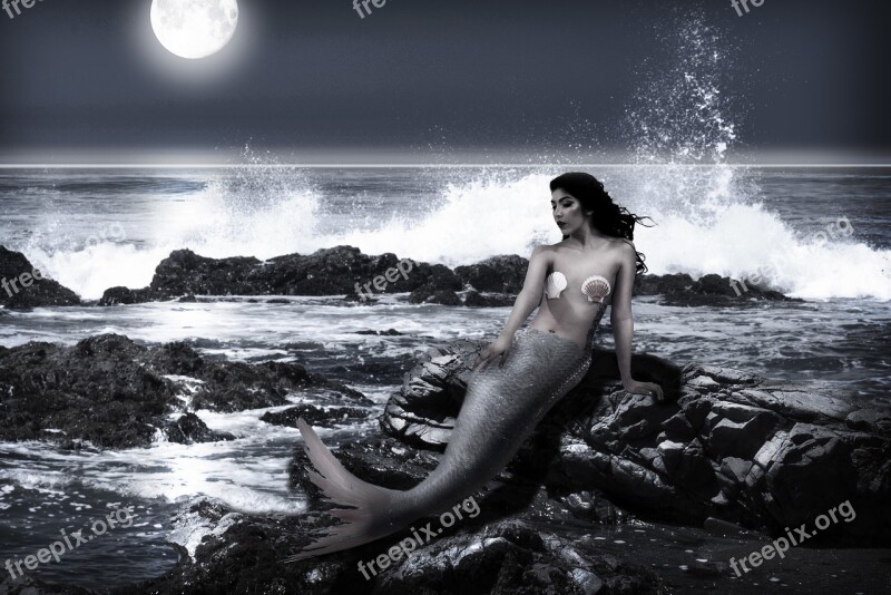 Mermaid Moon Ocean Sea Moonlight