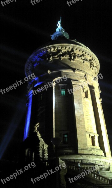 Architecture Water Tower Water Tower At Night Mannheim Urban