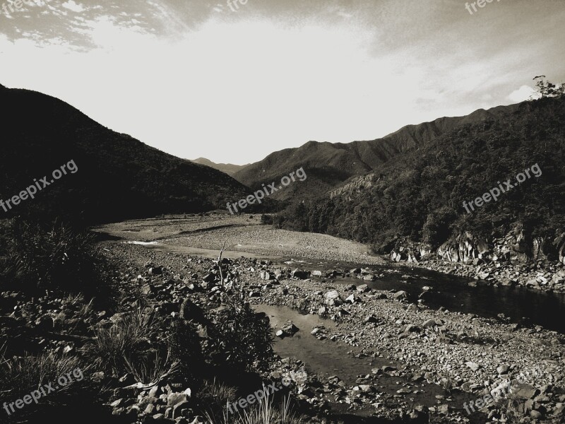 Landscape Stream Creek Mountains Black And White