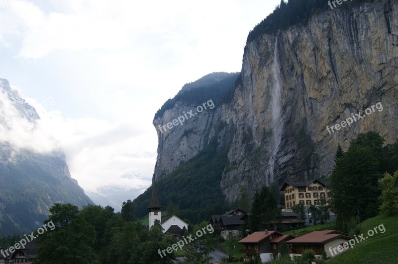 Mountain Switzerland Rock Waterfall House