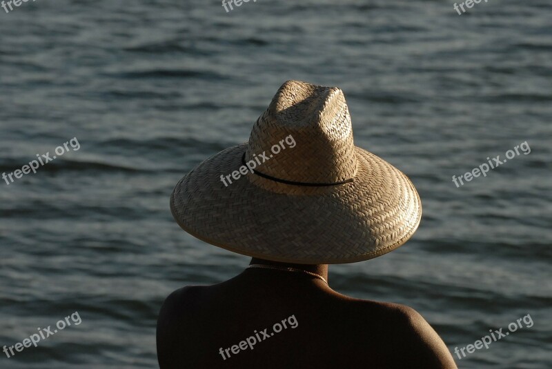 Straw Hat Man Sea Sunlight Sunset