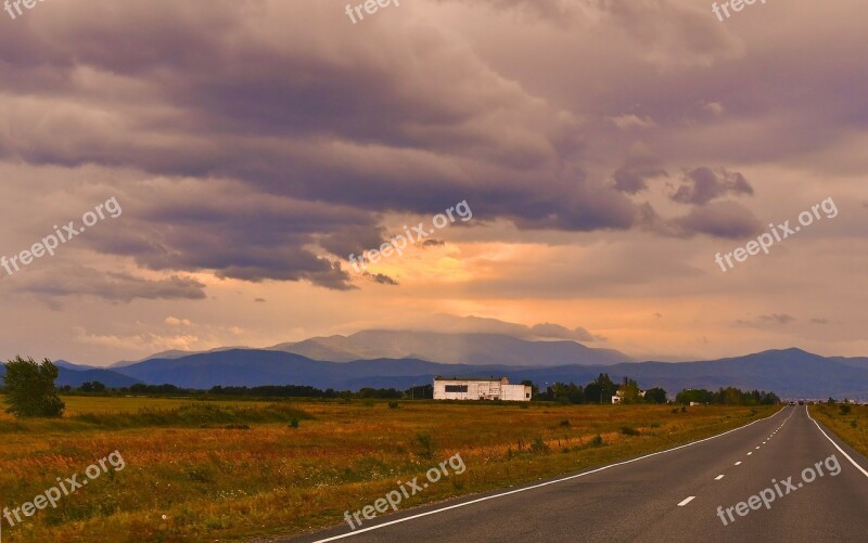 Road Mountain Landscape Lightning Clouds