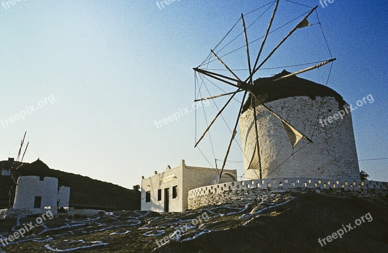 Greece Ios Greek Island Windmill Evening Sun