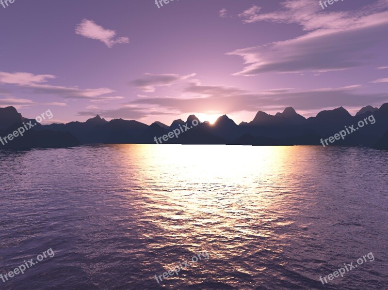 Ocean Sea Water Mountains Sunset