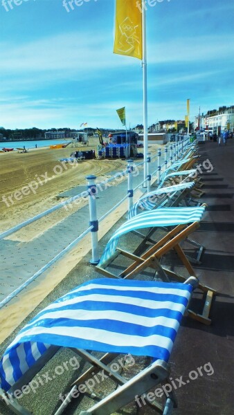 Deckchairs Seaside Beach Sky Sand