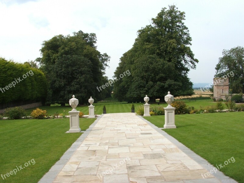 Lawn Pathway Pillars Trees Grass