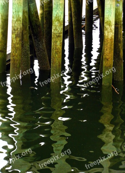 Pier Poles Mirroring Reflection Water