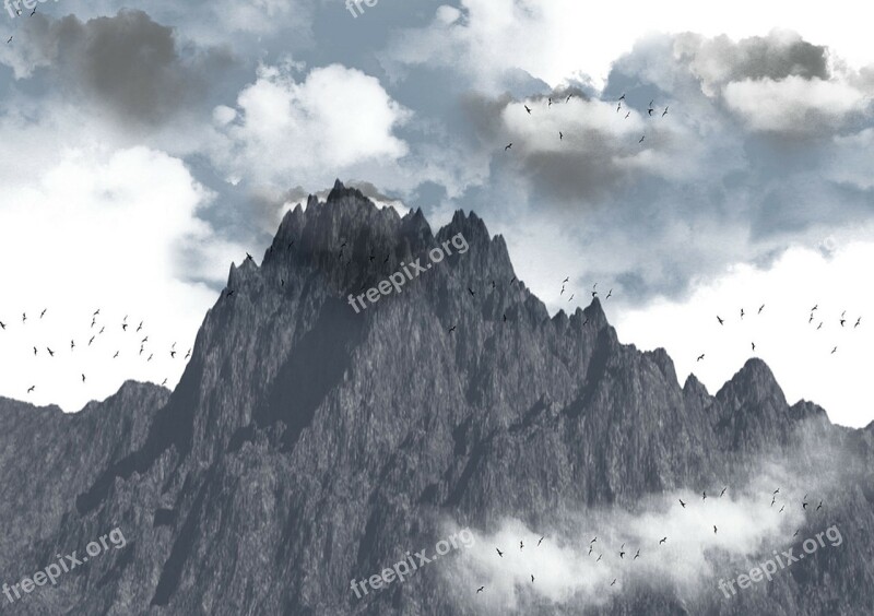 Brushes Background Mountain Clouds Birds