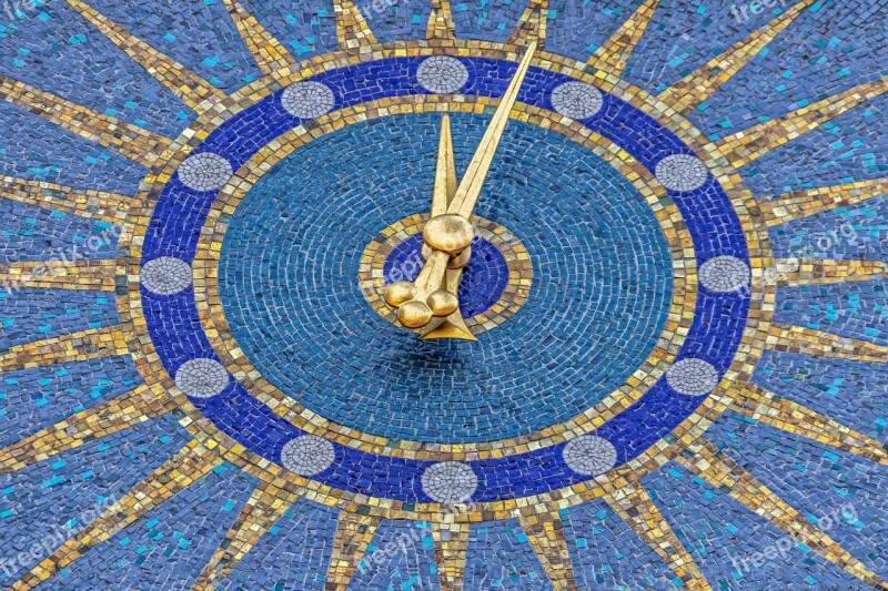 Clock Tower Blue Yellow Gold Five To Twelve