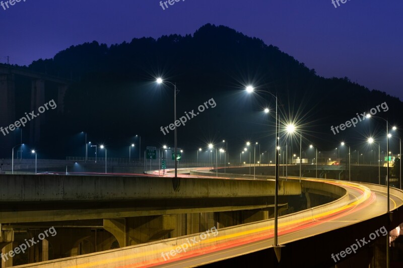 Street Lamp Tracks Mountain Night Overpass