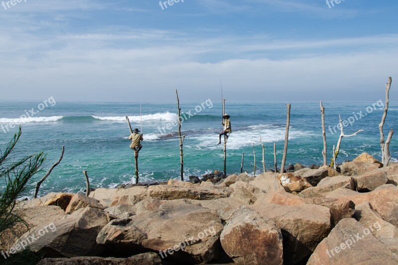 Stilt Fishing Fisherman Fishing Sea Ocean