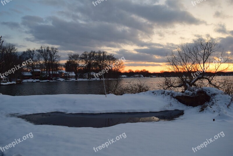 Snow Winter Sunset Lake Cold