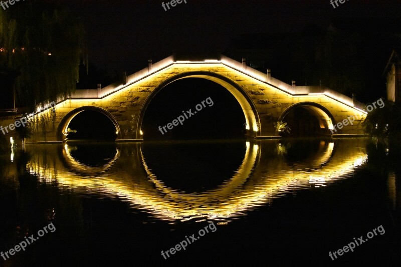 The Ancient Town Night View Bridge Symmetry River