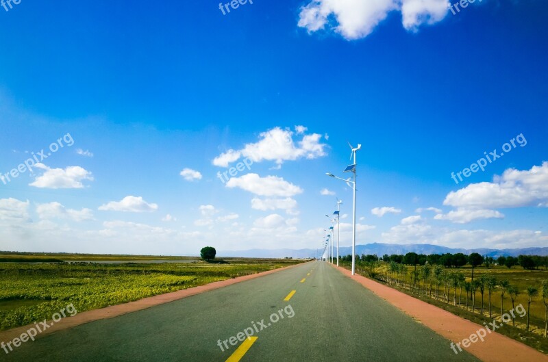 Road Blue Sky Landscape Natural Horizon