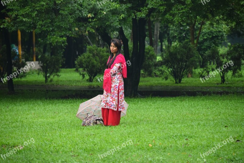 Woman Umbrella Green Girl Nature