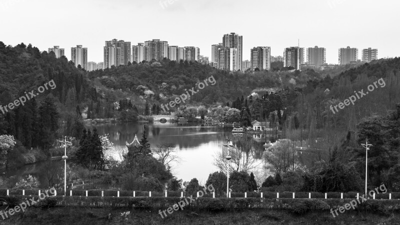 Black And White Lake Building Mountain Tree