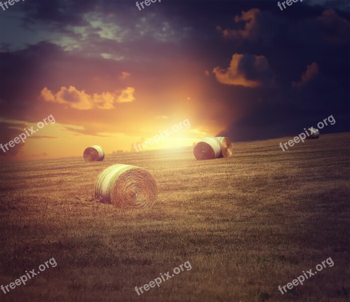 Landscape Straw Straw Bales Evening Sun Twilight