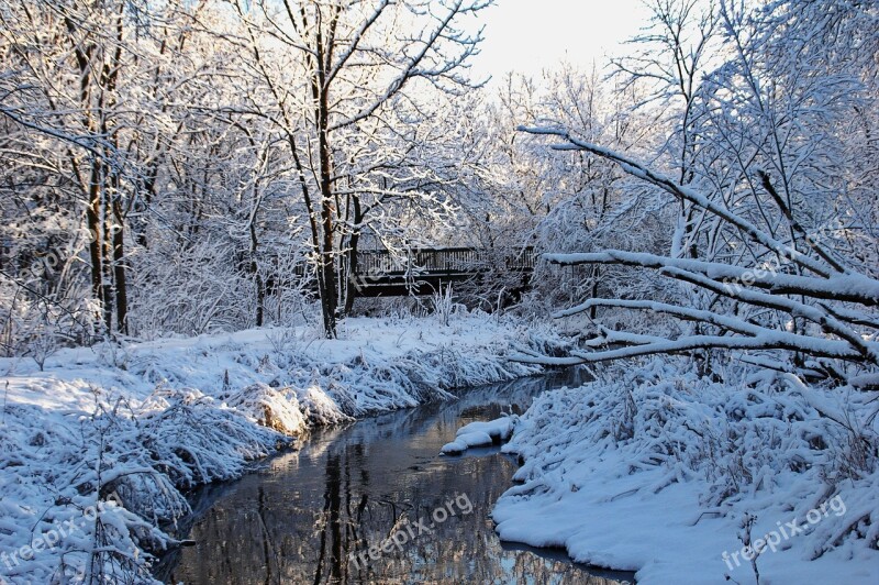 Winter Bridge Water Snow Trees