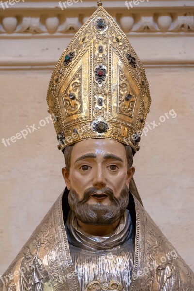 Medieval Statue Wooden Bishop Religion Christianity