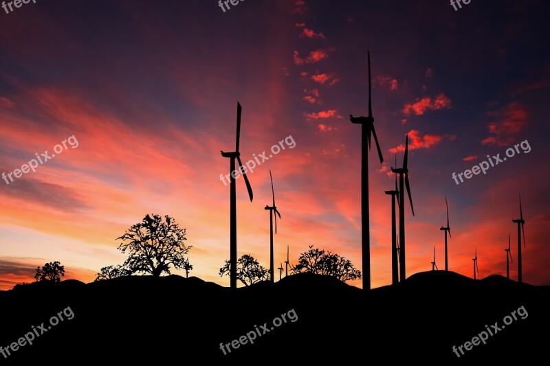 Wind Turbines Sunset Energy Environment Landscape