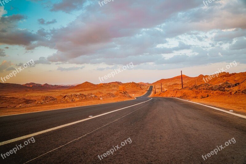 Road Sunset Desert Landscape Away