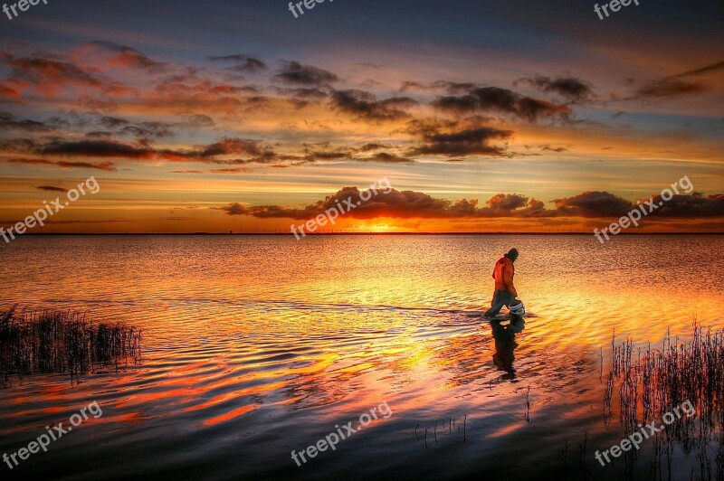 Fisherman Sunrise Water Fishing Sea