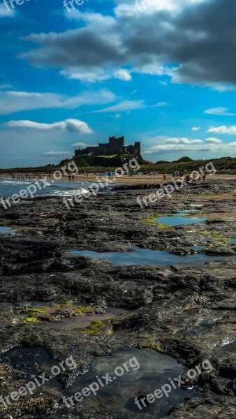 Castle Beach Rocks Sea Clouds