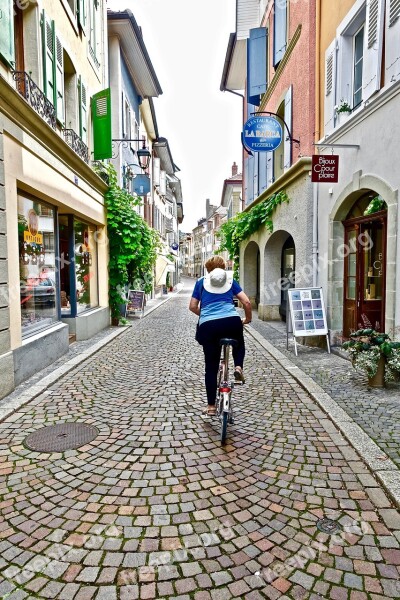 Street Perspective Bike Rider Cobblestones Empty