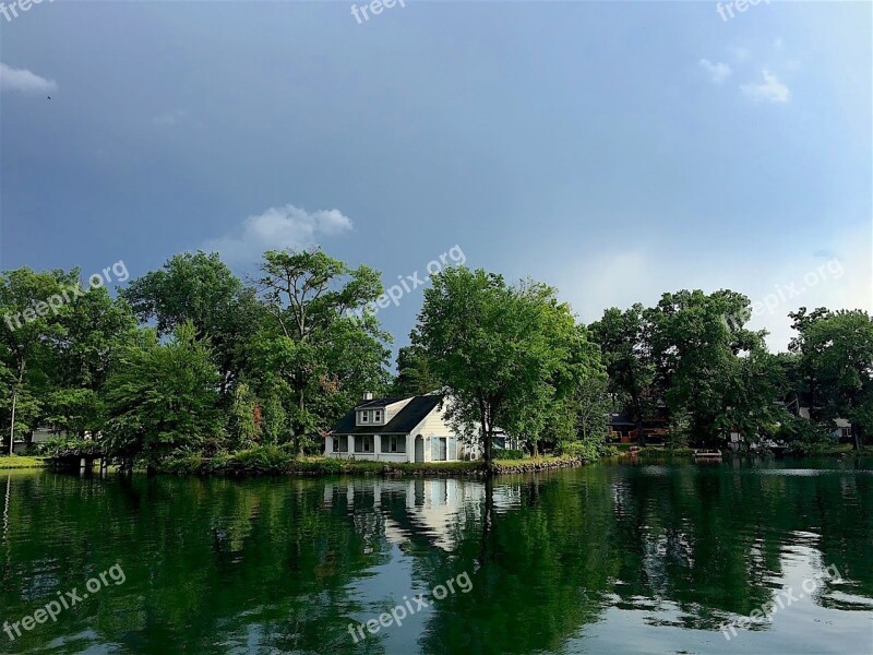 House Lake Trees Reflection Water