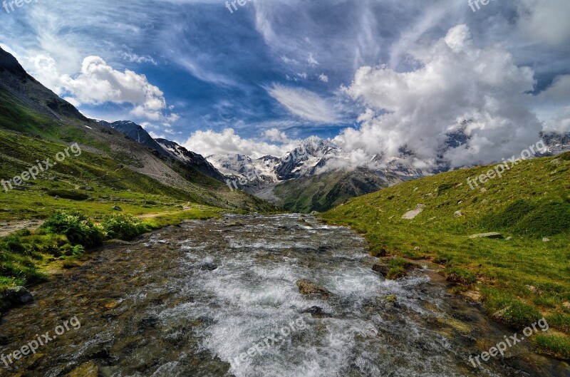 South Tyrol Mountains River Clouds Ortler