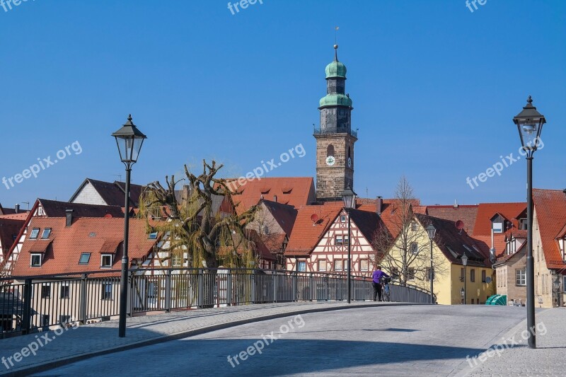 Lauf An Der Pegnitz Bridge Houses Steeple Streetlights