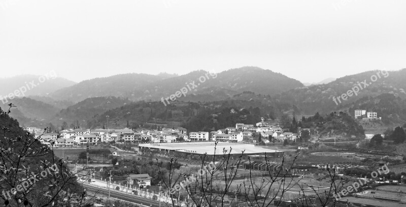 Mountain Haze Village Black And White Penglai Village