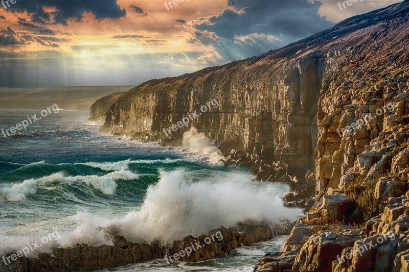 Landscape Cliff Sea Waves Sky