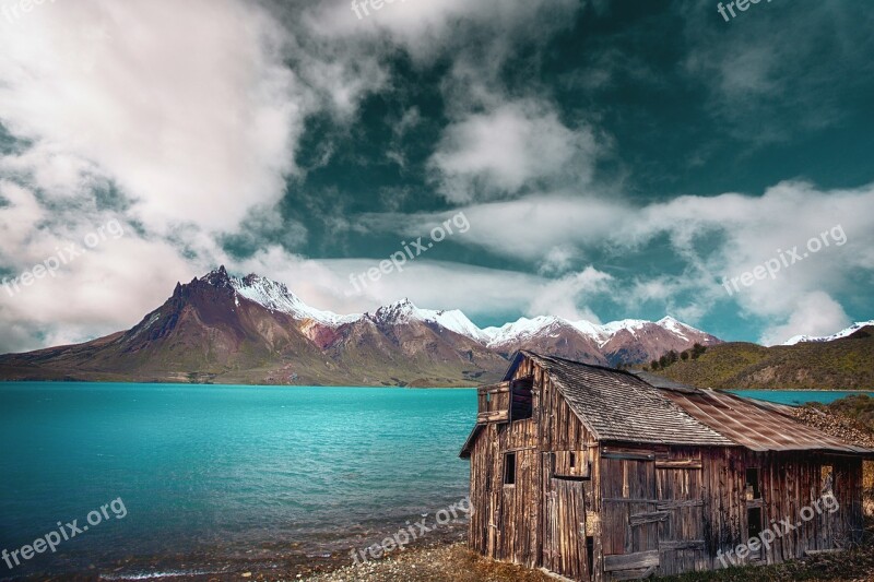 Landscape Lake Mountain Cabin Sky