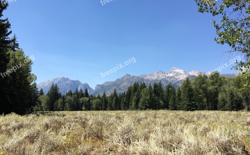 Grand Tetons Wyoming Mountains Prairie Sky