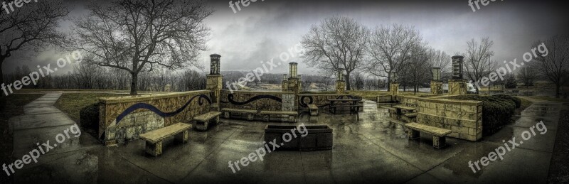 Rest Stop Panorama Grunge Benches Rainy