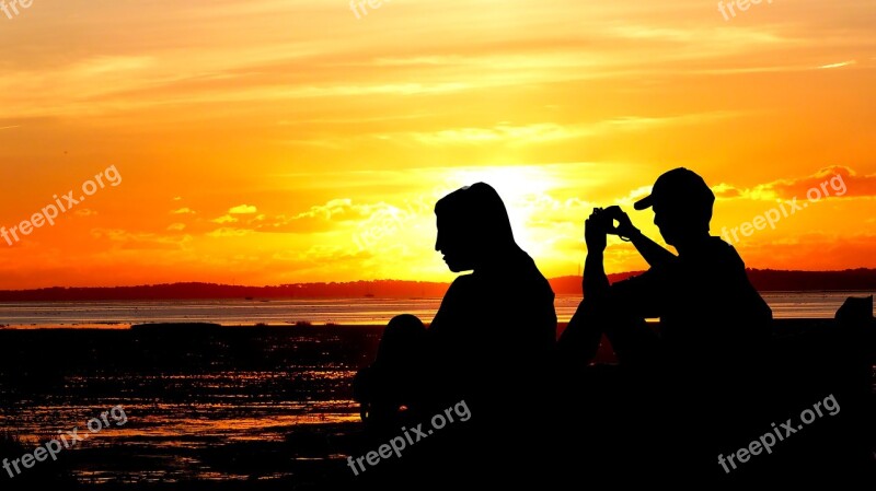 Sunset Ocean Couple Romantic Sea