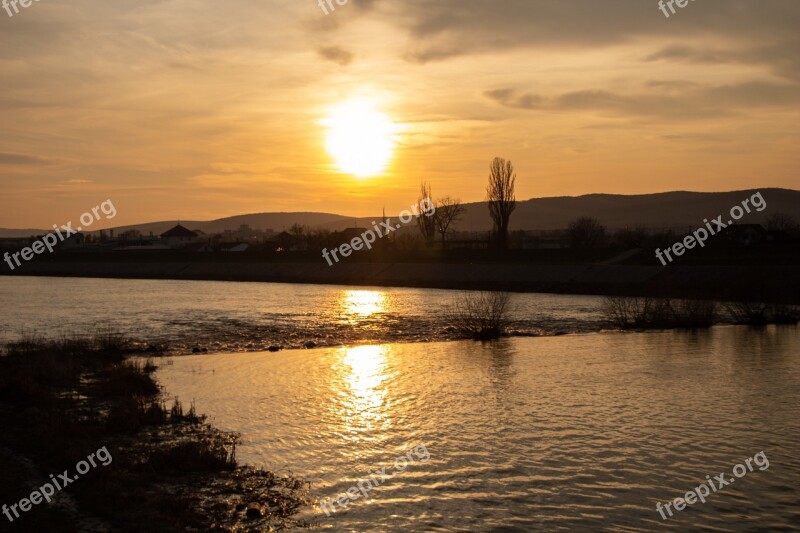 Sunset River Silhouette Landscape Evening