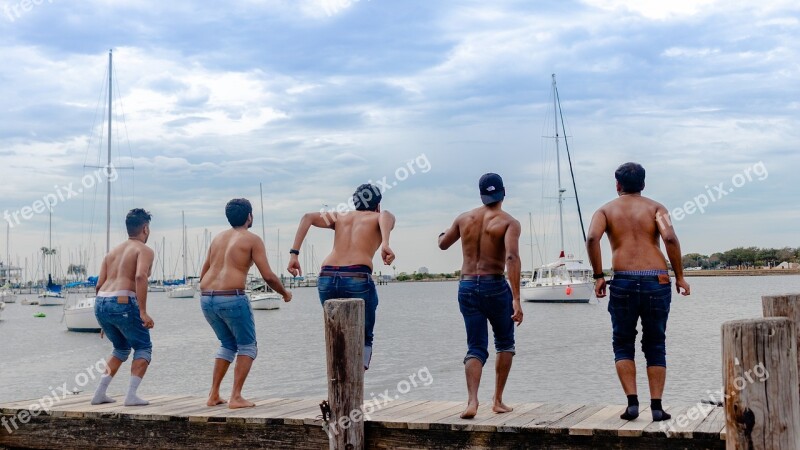 Friends Jumping Indians Summer Ocean