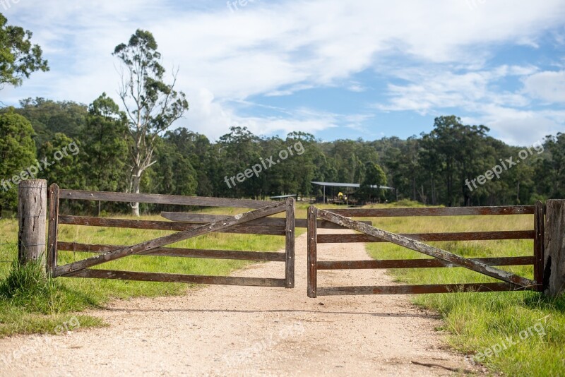 Farm Sky Trees Timber Gate