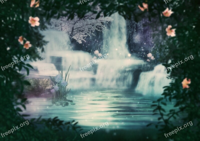 Waterfalls Cascade Jungle Flowers Fantasy