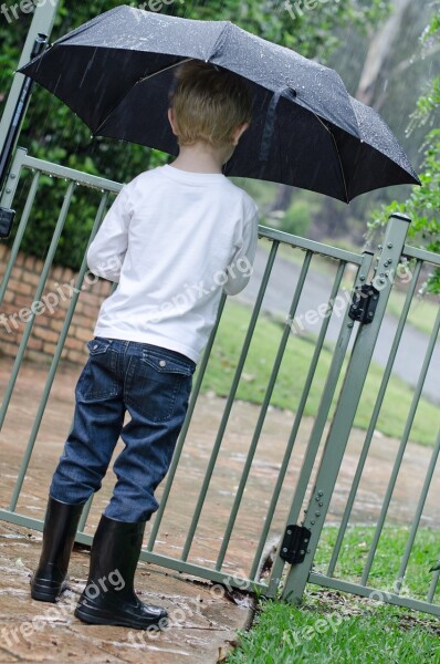 Rain Umbrella Boy Boots Gate