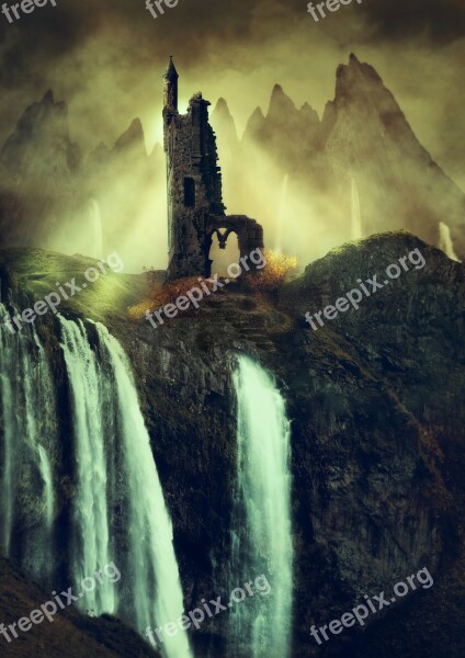 Ruin Waterfalls Mountains Fantasy Rock