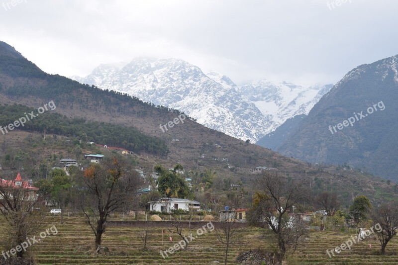 Mountains Clouds Snow Winter Trees