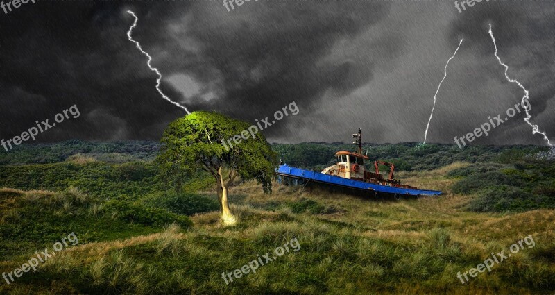 Storm Clouds Ship Wreck Lighting Boat Landscape