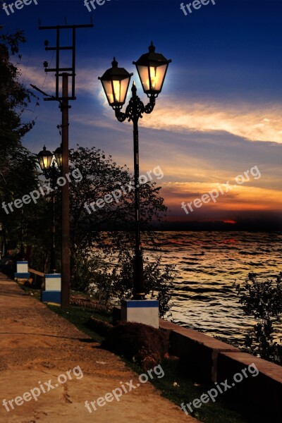 Sunset Lamp Post Sea Free Photos