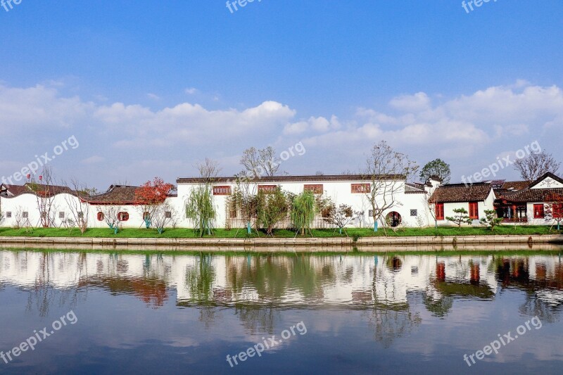 Blue Sky White Cloud Willow Reflection Lake