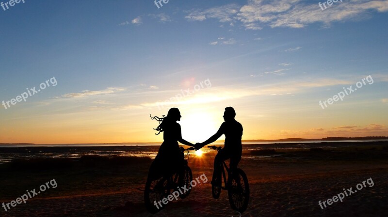 Sunset Ocean Beach Couple Bike