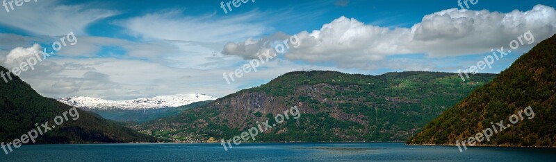 Fjord Mountain Panorama Nature Clouds