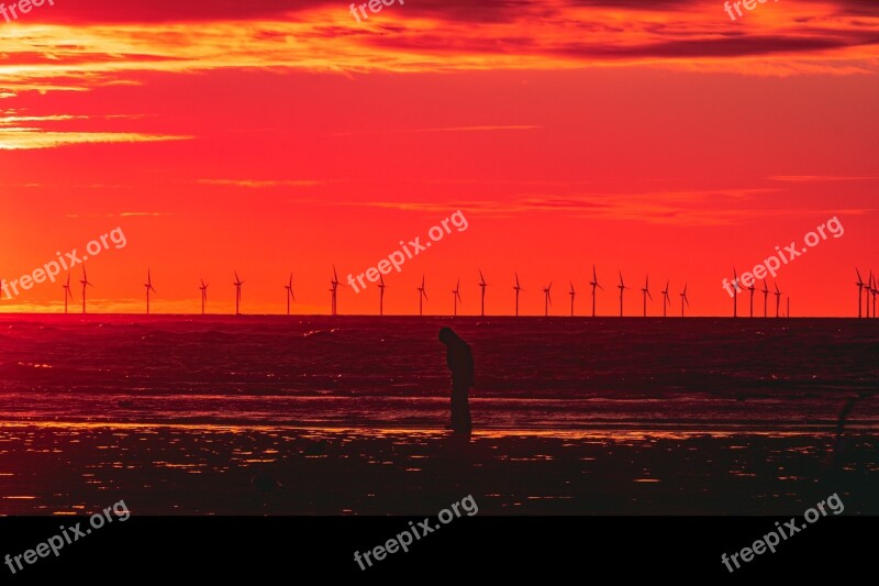 Sunset Wind Turbines Orange Sea Beach